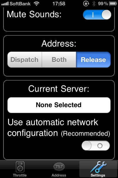 WiThrottle Settings画面 Network手動キャプチャ画像