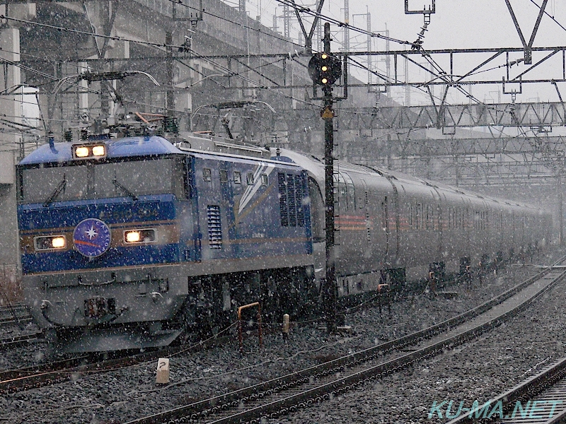 雪降る中を走るカシオペア号の鉄道写真