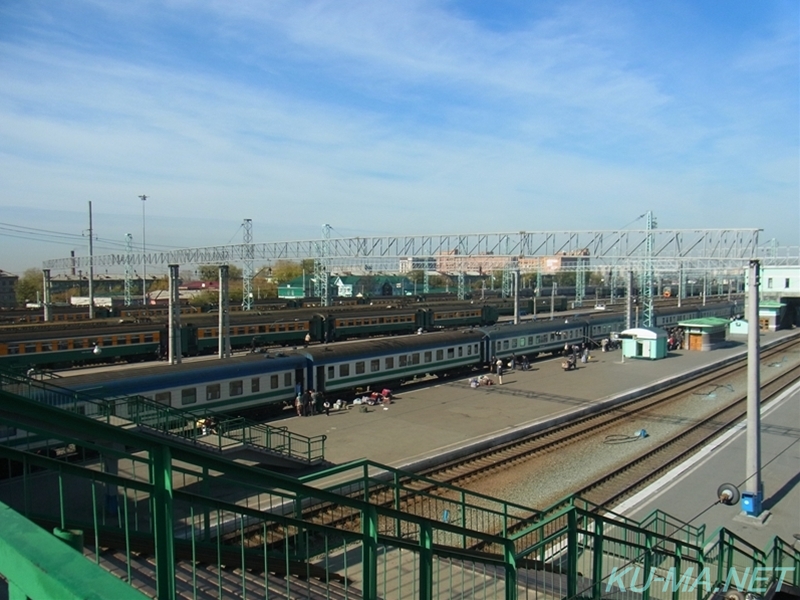 ノヴォシビルスク駅に停車する青と白のツートンカラーの列車の写真